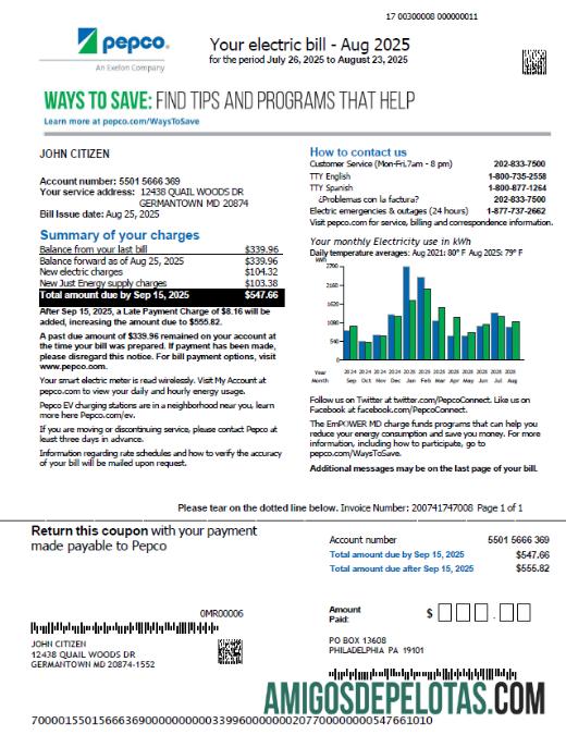 imprimível Modelo de fatura de serviços públicos Pepco dos EUA em formatos Word e PDF, versão 2